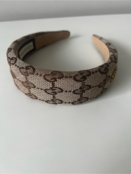 Gucci Accessories - Gucci Brown Beige Monogram Padded Headband with Gold Accent